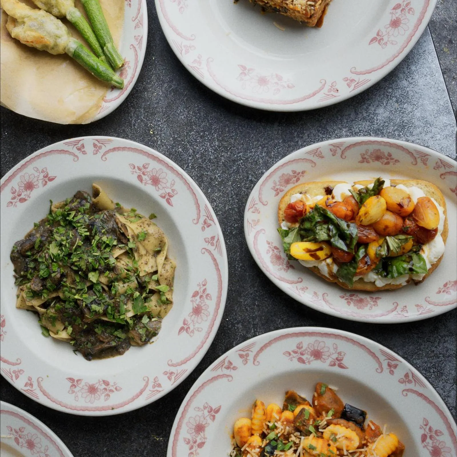 Weekend lunch dishes served on Civico 1845’s pink floral tableware in Little Italy, San Diego